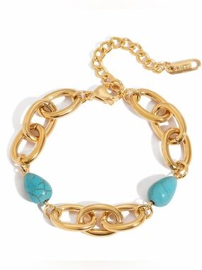 18K Gold Plated Chunky Link Turquoise Beaded Bracelet